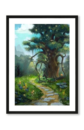 The Tree in the Morning. Video Game's Digital CG Artwork, Concept Illustration, Realistic Cartoon Style Background  