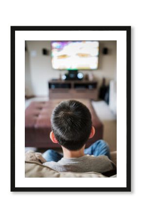 Asian kid playing video game at home