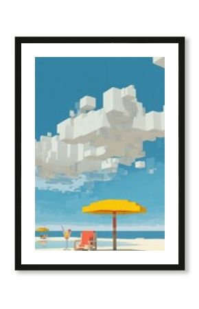 Beach panorama with umbrella.  Summer in videogame style. Relax and summer vibe in retrogaming blocks style