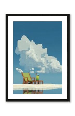Beach panorama with umbrella.  Summer in videogame style. Relax and summer vibe in retrogaming blocks style
