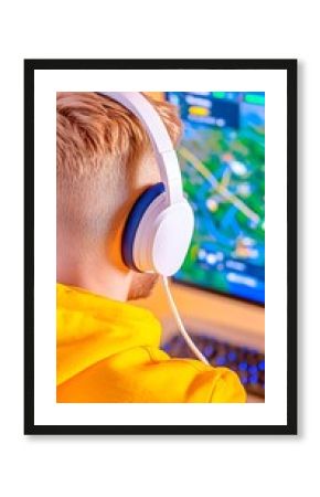 Gamer engrossed in a strategic computer game, wearing headphones