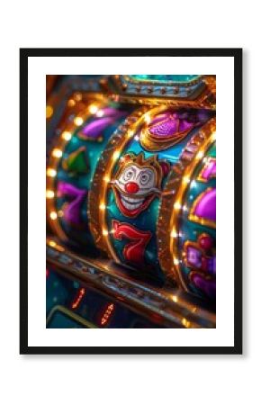 Colorful Happy Casino Scene with Jesters on Slot Machine Reels in Bokeh Background