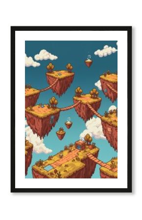 Pixel art game landscape with floating islands and characters journeying