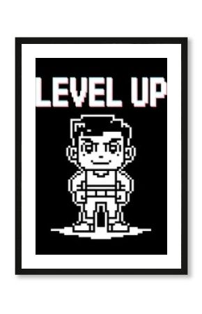 A Pixelated Man Stands Proudly Under Text That Reads Level Up Showcasing Retro Video Game Art