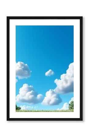 Pixel Art Landscape: Serene Summer Day with Blue Sky and Fluffy White Clouds Over Green Grass Field