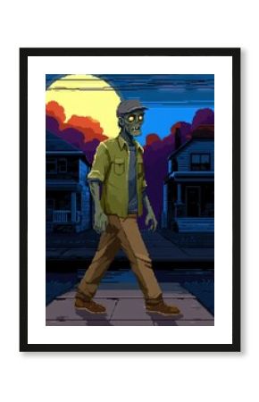 16-bit pixel art undead zombie walking in neighborhood at night