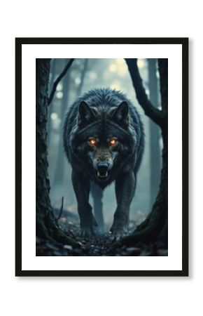 Fierce Wolf Emerging from Misty Forest Fantasy Creature with Glowing Eyes and Sharp Fangs