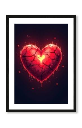 A pixel art 8-bit red health heart with a cracked effect and pulsing glow, symbolizing low health in a retro-style adventure game.