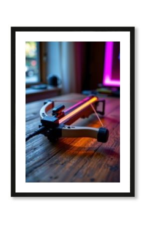 Illuminated Wooden Crossbow on a Rustic Table