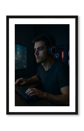 Ultra-realistic image of a young man gaming in a dark room, lit by RGB lights, wearing headphones, focused on screen, modern setup, clean shadows, and cinematic contrast.