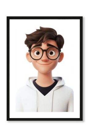 A computer-generated character, likely from a video game or animated series, wearing eyeglasses and a hoodie.