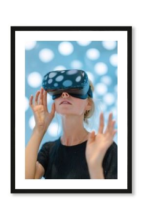 Woman wearing vr headset interacting with virtual reality environment