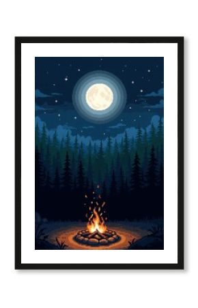 Pixel art depicting a serene night scene. A campfire crackles in the foreground, nestled within a dark forest under a large, bright moon and starry sky. Peaceful and atmospheric.