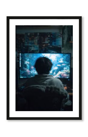 Focused Gamer's Zone: An individual immerses themselves in a digital world, their gaze fixed on a large monitor displaying vibrant aquatic imagery, surrounded by the dim glow of their gaming setup.