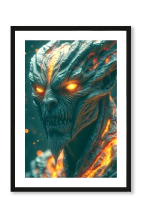 A close-up of a demonic figure with glowing eyes and lava flowing through its skin