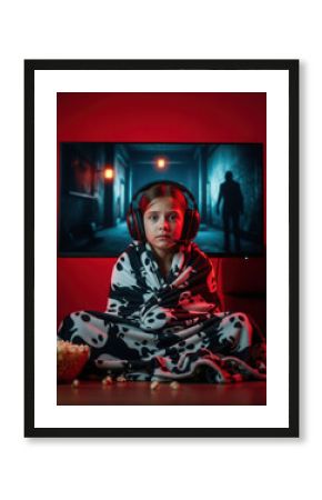 Child engrossed in video game with headphones