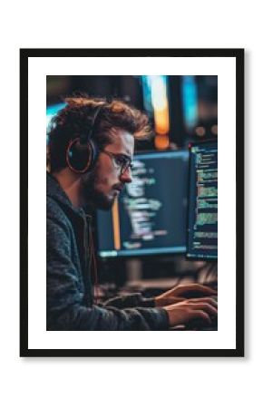 A video game developer coding, creative and immersed