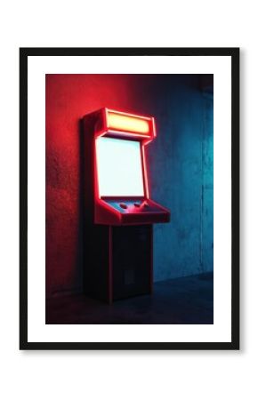 Illuminated arcade machine in dark, neon glow, moody atmosphere