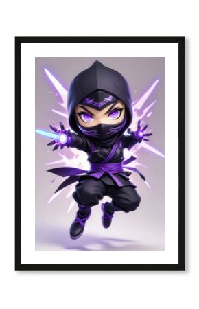 Purple-eyed chibi ninja leaping, wielding glowing blades, energy trails