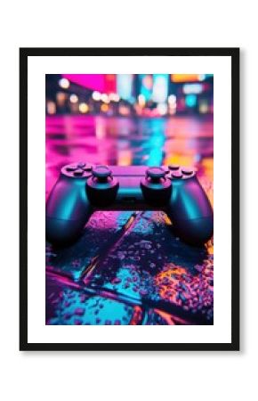 Gaming Controller on Wet Neon City Street at Night Vibrant colors and reflections