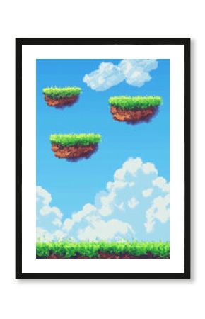 Pixel Art vertical floating island with grassy cliffs, small waterfalls, and a soft blue sky, Retro Pixel Art Background, Game Background, 80s Retro Vintage background, Pixel Art Background