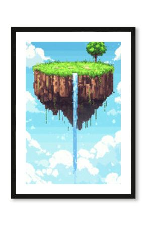 Pixel Art vertical floating island with grassy cliffs, small waterfalls, and a soft blue sky, Retro Pixel Art Background, Pixel Art Background