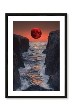 Red moon over dark ocean between rocky cliffs at sunset. Pixel art style.