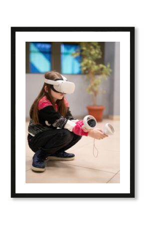 a child in virtual reality glasses plays a game
