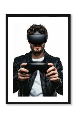Man playing video game with virtual reality headset isolated on white background