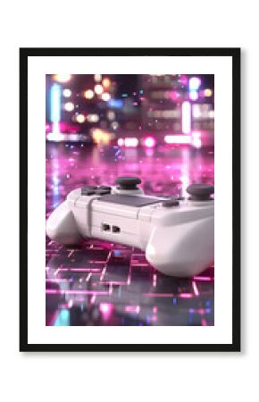 White Video Game Controller on Pink and Purple Cityscape Background