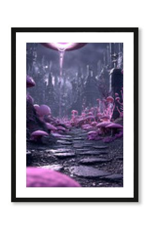Surreal Night Cityscape with Glowing Purple Mushrooms and Giant Eye