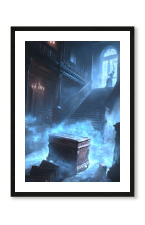 Mysterious Haunted House Interior with Blue Fog and Ancient Chest