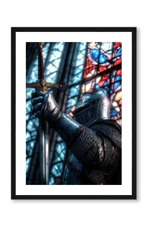 Knight in Armor Raising Sword Before Stained Glass Window